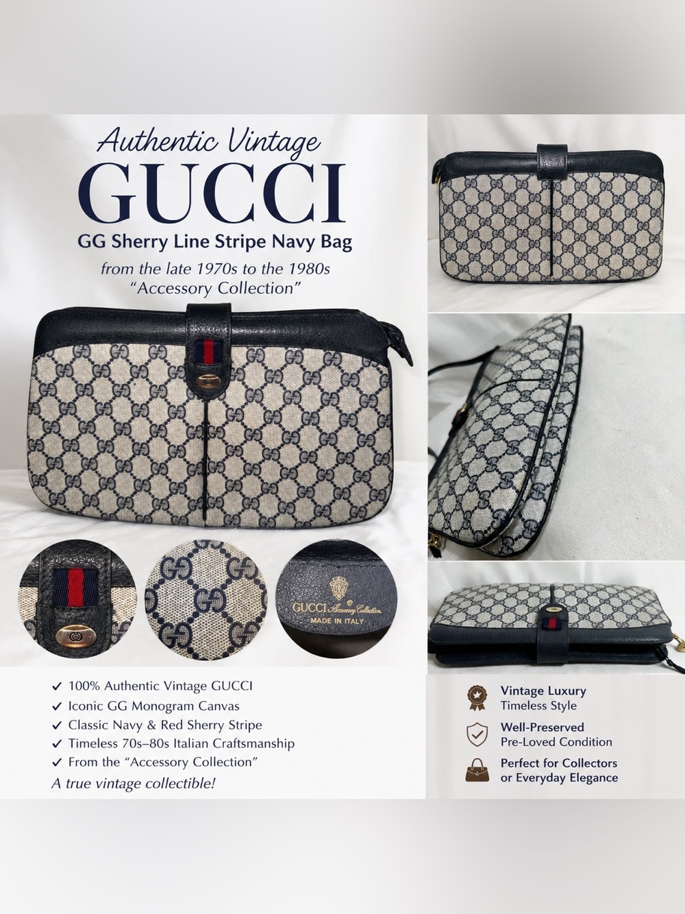 Vintage Gucci Navy GG Monogram Bag with Red Sherry Stripe